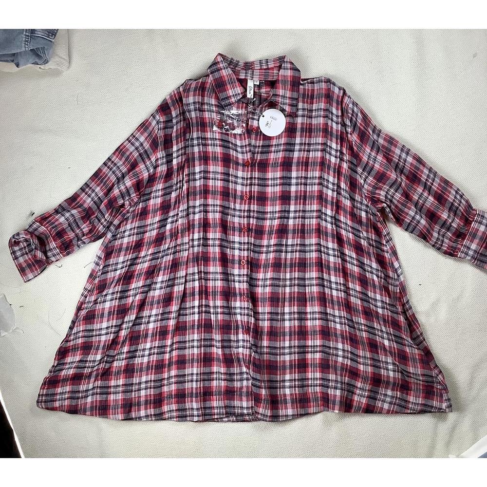Elan red and gray flannel long sleeve tunic dress size small